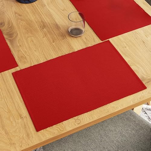 Encasa Tischsets aus Gerippter Baumwolle (6er-Set) – Solide rot | 48x33 cm| Über 20 Moderne Farben und gewebte Designs. Waschbare Tischsets aus Stoff von Encasa