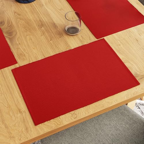 Encasa XO Platzsets Esstisch Set von 6 | Solid Red | Fein gerippte Baumwoll-Tischunterlage | Größe 48x32 cm | Maschinenwaschbar von Encasa XO