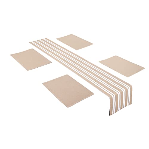 Encasa Speiseset (4 Placemats in + 1 Tischläufer) | Franca Beige | Gerippte Baumwolle | Über 20 Moderne Farben & gewebte Designs, maschinell waschbar von Encasa