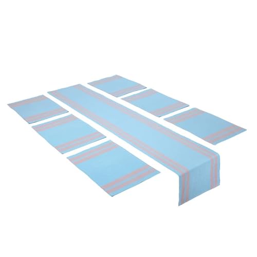 Encasa Speiseset (6 Placemats in + 1 Tischläufer) | Leiter blau | Gerippte Baumwolle | Über 20 Moderne Farben & gewebte Designs, maschinell waschbar von Encasa