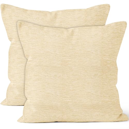 Encasa Homes Feine Chenille-Kissenbezüge 2-teiliges Set - Creme - 40x40 cm Strukturiertes, einfarbiges, weiches und glattes dekoratives Kissen mit quadratischem Akzent für die Couch von Encasa