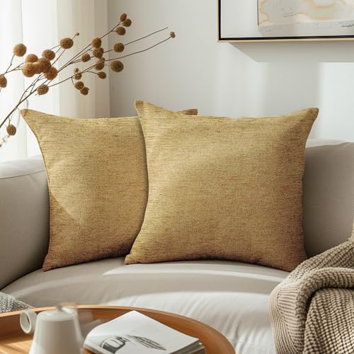 Encasa XO Feine Chenille-Kissenbezüge 2-teiliges Set - Gold - 50x50 cm Strukturiertes, einfarbiges, weiches und glattes dekoratives Kissen mit quadratischem Akzent für die Couch von Encasa XO