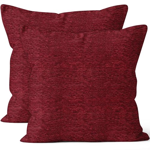 Encasa Homes Feine Chenille-Kissenbezüge 2-teiliges Set - Rot - 40x40 cm Strukturiertes, einfarbiges, weiches und glattes dekoratives Kissen mit quadratischem Akzent für die Couch von Encasa