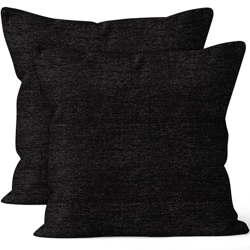 Encasa Homes Feine Chenille-Kissenbezüge 2-teiliges Set - Schwarz - 40x40 cm Strukturiertes, einfarbiges, weiches und glattes dekoratives Kissen mit quadratischem Akzent für die Couch von Encasa