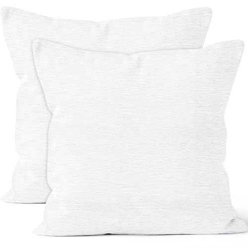 Encasa Homes Feine Chenille-Kissenbezüge 2-teiliges Set - Weiss - 40x40 cm Strukturiertes, einfarbiges, weiches und glattes dekoratives Kissen mit quadratischem Akzent für die Couch von Encasa