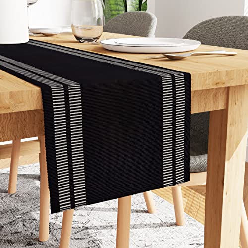 Encasa Tischläufer für 4 to 6 Seater-Esszimmer | Leiter schwarz | Feingerippte Baumwolle | Größe 32x183 cm | Über 20 Moderne Farben und gewebte Designs, maschinenwaschbar von Encasa