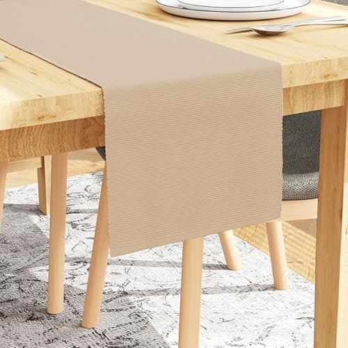 Encasa Tischläufer für 4 Seater-Esszimmer | Solide Beige | Feingerippte Baumwolle | Größe 32x150 cm | Über 20 Moderne Farben und gewebte Designs, maschinenwaschbar von Encasa