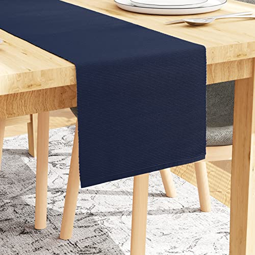 Encasa Tischläufer für 4 Seater-Esszimmer | Solide dunkelblau | Feingerippte Baumwolle | Größe 32x150 cm | Über 20 Moderne Farben und gewebte Designs, maschinenwaschbar von Encasa