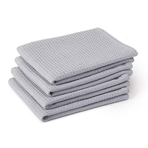 Encasa Homes Geschirrtücher X-Large 70x45 cm (4er-Set) Hochsaugfähiges Waffeltuch-Teathandtuch Antibakterielles Finish für die Reinigung und schnelle Trocknung von Tellern, Baumwolle - Hellgrau von Encasa