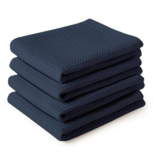 Encasa Homes Geschirrtücher X-Large 70x45 cm (4er-Set) Hochsaugfähiges Waffeltuch-Teathandtuch Antibakterielles Finish für die Reinigung und schnelle Trocknung von Tellern, Baumwolle - Navy blau von Encasa