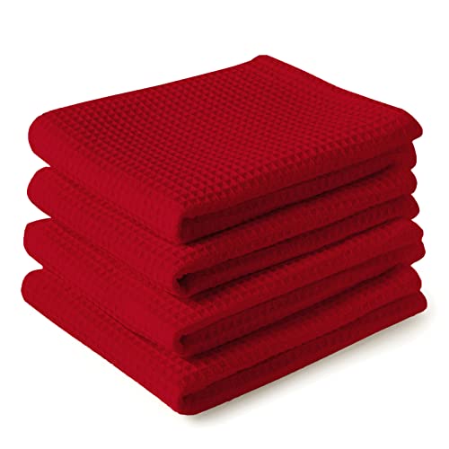 Encasa Homes Geschirrtücher X-Large 70x45 cm (4er-Set) Hochsaugfähiges Waffeltuch-Teathandtuch Antibakterielles Finish für die Reinigung und schnelle Trocknung von Tellern, Baumwolle - Rot von Encasa