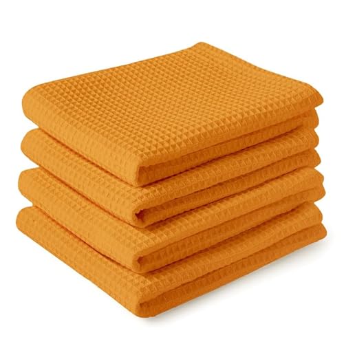 Encasa Homes Geschirrtücher X-Large 70x45 cm (4er-Set) Hochsaugfähiges Waffeltuch-Teathandtuch Antibakterielles Finish für die Reinigung und schnelle Trocknung von Tellern, Baumwolle - Gold von Encasa