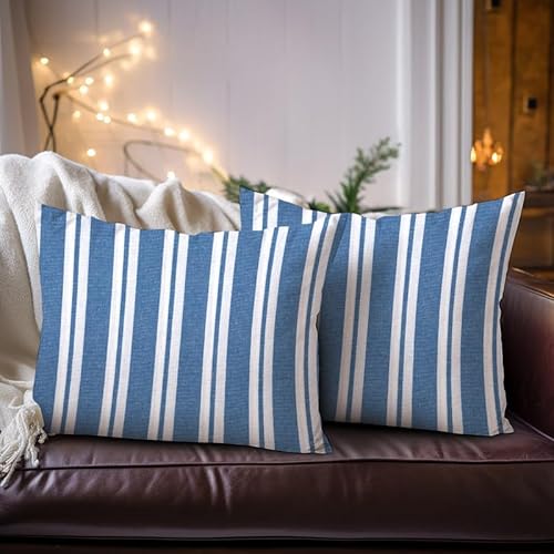 Encasa Homes Kissenbezüge 2 Stück (30 x 50 cm) - Franca Blaue Streifen - Weiche Baumwolle Leinwand Ungefärbt Rechteckige Kissenbezug Bunte Dekorative für Wohnzimmer Schlafzimmer Sofa Waschbar von Encasa XO