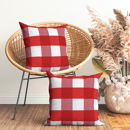 Encasa Homes Kissenbezüge 2 Stück (50 x 50 cm) - Buffalo Red Checks - Weiche Baumwolle Leinwand Ungefärbt Rechteckige Kissenbezug Bunte Dekorative für Wohnzimmer Schlafzimmer Sofa Waschbar von Encasa