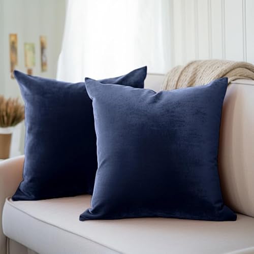 Encasa Homes Kissenbezüge aus Samt - 2er-Set (40x40 cm) - Navy blau- Uni gefärbt, weich & glatt, waschbar, quadratisch, großer Wurfkissenbezug für Couch, Sofa, Stuhl, Bett und Wohnbereich von Encasa