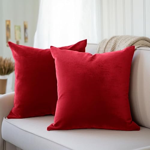 Encasa Homes Kissenbezüge aus Samt - 2er-Set (40x40 cm) - Rot- Uni gefärbt, weich & glatt, waschbar, quadratisch, großer Wurfkissenbezug für Couch, Sofa, Stuhl, Bett und Wohnbereich von Encasa