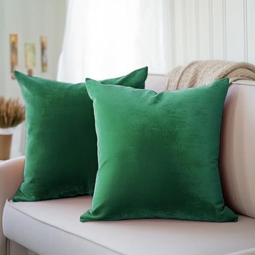 Encasa Homes Kissenbezüge aus Samt - 2er-Set (40x40 cm) - Grün- Uni gefärbt, weich & glatt, waschbar, quadratisch, großer Wurfkissenbezug für Couch, Sofa, Stuhl, Bett und Wohnbereich von Encasa