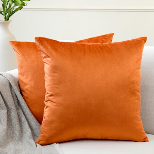 Encasa XO Kissenbezüge aus Samt - 2er-Set (40x40 cm) - Orange- Uni gefärbt, weich & glatt, waschbar, quadratisch, großer Wurfkissenbezug für Couch, Sofa, Stuhl, Bett und Wohnbereich von Encasa XO