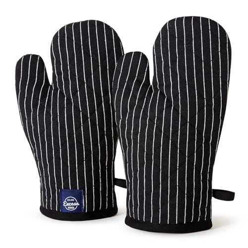 Encasa XO Long 18x30 cm Oven Microwave Hand Gloves Mitts (2 pc Set) for Kitchen Cooking & Baking - Heat Resistant, Thick & Safe, Protection of Hands from Hot Utensils, Grill - Metzgerstreifen schwarz von Encasa XO
