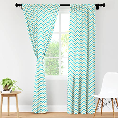 Encasa Homes Polyester halbtransparent Gedruckt Door Vorhänge mit Krawattenrücken 142x213 cm (7 ft), Chevron 1 grün - 2 Packung - Nicht schrumpfen & maschinenwaschbar von Encasa