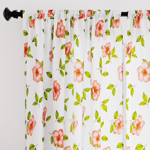 Encasa Homes Polyester halbtransparent Gedruckt Window Vorhänge mit Krawattenrücken 142 x 183 cm (6 ft), Hibiscus - 2 Packung - Nicht schrumpfen & maschinenwaschbar von Encasa XO