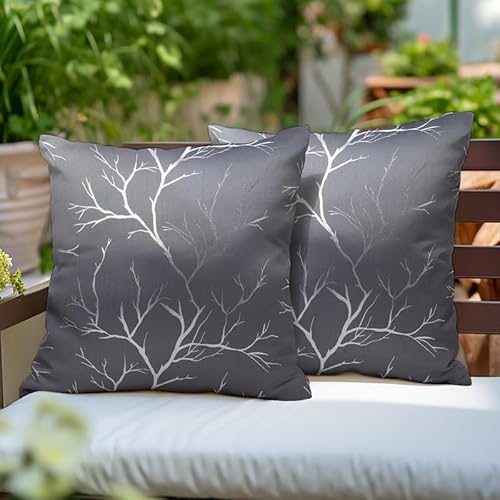 Encasa Homes Satingewebe Polyester Silbersternfolie gedruckt Zweige grau Quadratkissenbezüge 40x40 cm Pack von 2 von Encasa