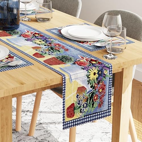 Encasa Homes Speiseset (4 Placemats in + 1 Tischläufer) | Blumentopf | Jacquard gewebt | Moderne Designs, zu Hause, Cafés, Restaurants & Hotels - Maschinenwaschbar verwenden von Encasa