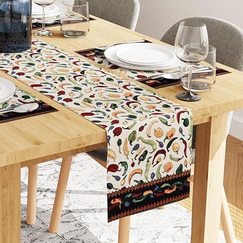 Encasa Homes Speiseset (4 Placemats in + 1 Tischläufer) | Chilischoten | Jacquard gewebt | Moderne Designs, zu Hause, Cafés, Restaurants & Hotels - Maschinenwaschbar verwenden von Encasa