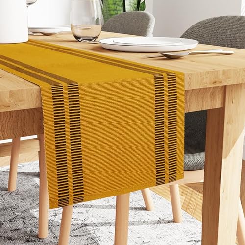 Encasa Tischläufer für 4 to 6 Seater-Esszimmer | Leiter gelb | Feingerippte Baumwolle | Größe 32x183 cm | Über 20 Moderne Farben und gewebte Designs, maschinenwaschbar von Encasa