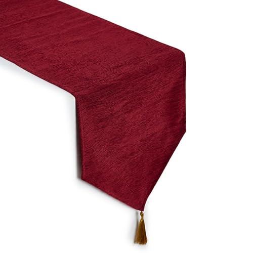 Encasa Homes Tischläufer aus feinem Chenille zum Essen mit V-Ende und Quasten, 32x150 cm - Rot | Dekoratives Tuch für Party, Hochzeit, Zuhause, Cafés, Restaurants und Hotels von Encasa