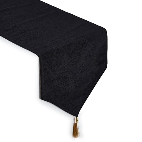 Encasa Homes Tischläufer aus feinem Chenille zum Essen mit V-Ende und Quasten, 32x150 cm - Schwarz | Dekoratives Tuch für Party, Hochzeit, Zuhause, Cafés, Restaurants und Hotels von Encasa