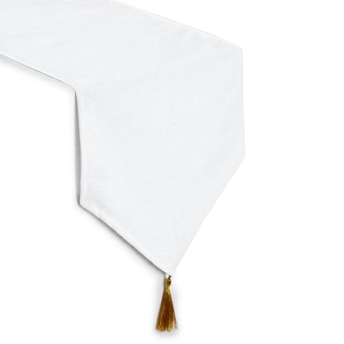 Encasa Homes Tischläufer aus feinem Chenille zum Essen mit V-Ende und Quasten, 32x150 cm - Weiss | Dekoratives Tuch für Party, Hochzeit, Zuhause, Cafés, Restaurants und Hotels von Encasa