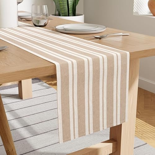 Encasa Tischläufer für 4 Seater | Franca Beige Streifen | Umweltfreundliche recycelte Baumwolle | Größe 32x150 cm | Verwendung als Esstischdekoration – maschinenwaschbar von Encasa