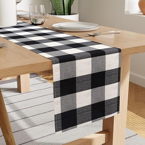 Encasa Tischläufer für 4 Seater | Buffalo Black Checks | Umweltfreundliche recycelte Baumwolle | Größe 32x150 cm | Verwendung als Esstischdekoration – maschinenwaschbar von Encasa