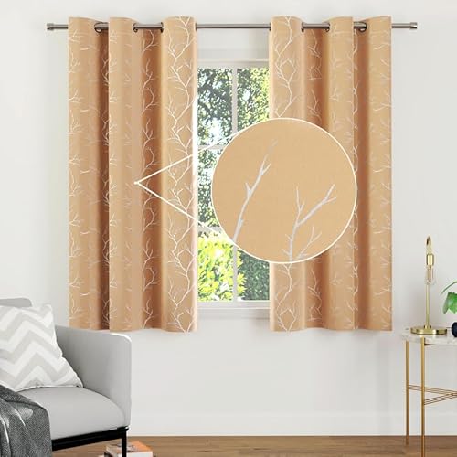 Encasa Gedruckte Blackout -Vorhänge 113x183 cm, 2 Pcs | Silberfolie Zweige Beige Design I Raumverdunkelung - Blöcke 85% Licht | Schall- und Hitzereduzierung für Schlafzimmer ich Waschbar von Encasa