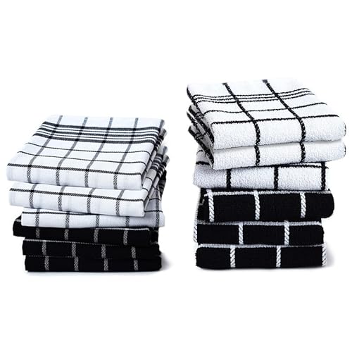 Encasa Frottee-Küchentuch-Set – 70x45 cm – saugfähiges Mehrzweck-Reinigungstuch, wiederverwendbares Handtuch und Geschirrtuch (12er-Pack – Schwarze Kombination) von Encasa