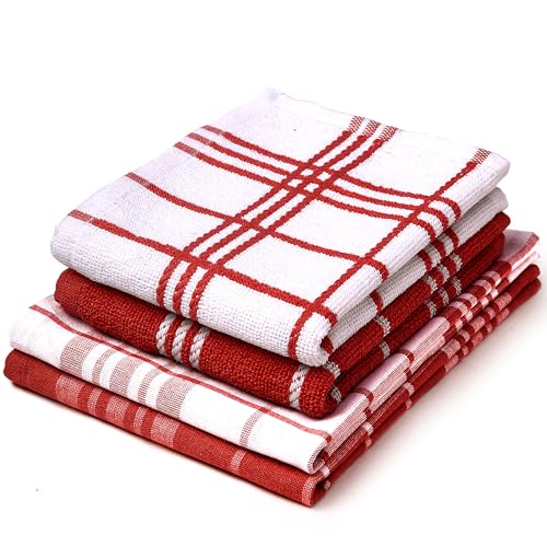 Encasa Frottee-Küchentuch-Set – 70x45 cm – saugfähiges Mehrzweck-Reinigungstuch, wiederverwendbares Handtuch und Geschirrtuch (4er-Pack – Rot ohne Frottee+Frottee) von Encasa XO