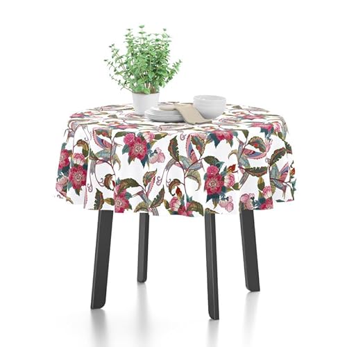 Encasa Polyester Bedruckte Tischdecke, Tischdecke aus Twill-Stoff, wasserabweisend, Länge 140 cm-Round für rechteckigen Esstisch 4 Seater. Maschinenwaschbar, langlebig - Chintz rot von Encasa