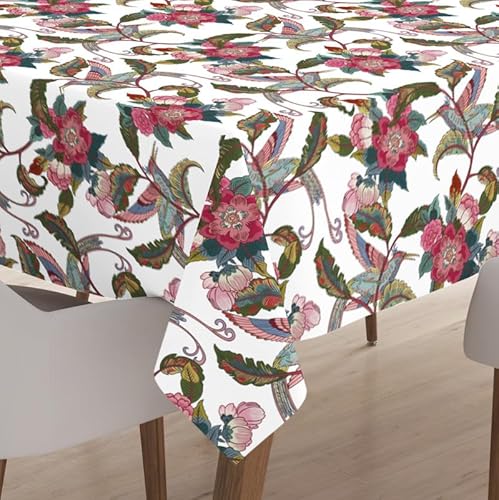 Encasa Polyester Bedruckte Tischdecke, Tischdecke aus Twill-Stoff, wasserabweisend, Länge 140x240 cm für rechteckigen Esstisch 6 to 8 Seater. Maschinenwaschbar, langlebig - Chintz rot von Encasa