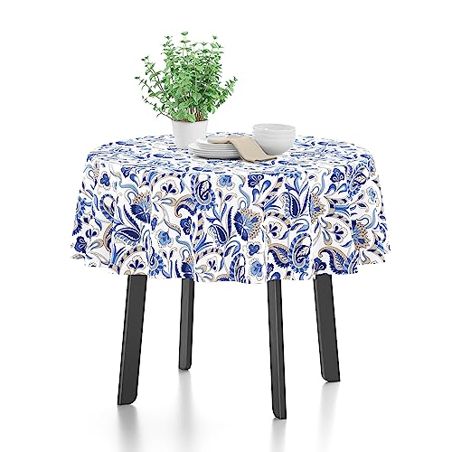 Encasa Polyester Bedruckte Tischdecke, Tischdecke aus Twill-Stoff, wasserabweisend, Länge 142 cm-Round für rechteckigen Esstisch 4 Seater. Maschinenwaschbar, langlebig - Chintz Blue von Encasa