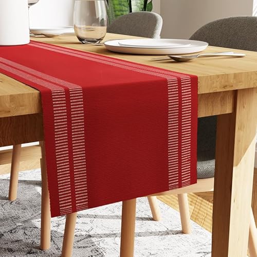 Encasa Tischläufer für 8 Seater-Esszimmer | Leiter rot | Feingerippte Baumwolle | Größe 32x240 cm | Über 20 Moderne Farben und gewebte Designs, maschinenwaschbar von Encasa