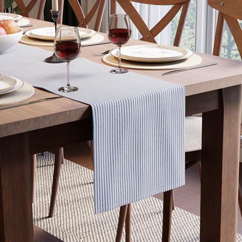 Encasa XO Baumwoll-Tischläufer 4 Seater | Größe 32x150 cm | Ticking Navy Blue - Maschinenwaschbar & Langlebig von Encasa XO