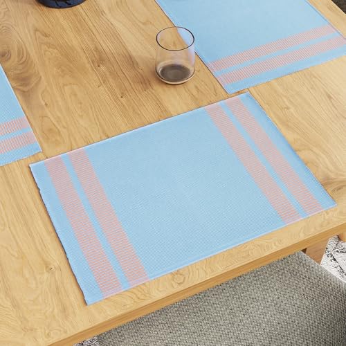 Encasa XO Platzsets Esstisch Set von 6 | Leiter blau | Fein gerippte Baumwoll-Tischunterlage | Größe 46x32 cm | Maschinenwaschbar von Encasa XO