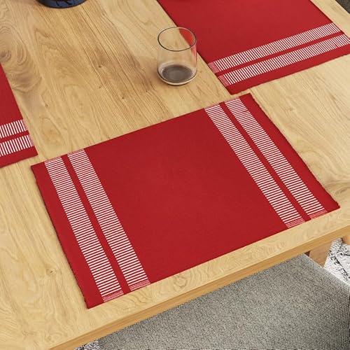 Encasa Tischsets aus Gerippter Baumwolle (6er-Set) – Leiter rot | 46x32 cm| Über 20 Moderne Farben und gewebte Designs. Waschbare Tischsets aus Stoff von Encasa