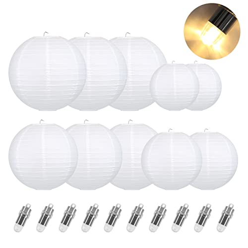 Encham 10 Stück Papierlaterne Weiß Lampions mit 10 Stück Warmweiß mini LED-Ballons Lichter Papier Laterne Lampenschirm für Hochzeit Party Geburtstage Dekoration von Encham