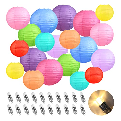 Encham 20 Stück Bunte Papierlaternen Lampions Papier Laterne mit 20 Stück Ballonlichter Warmweiß Lampenschirm für Feiertagen Hochzeit Party Geburtstage Gartenparty Babyparty Deko Innen und Außen von Encham