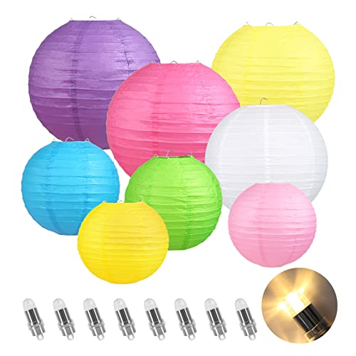 Encham 8X Papierlaterne Bunte Papier Lampions Bunte mit 8 Stück warmweiß LED-Ballons Lichter Laterne Papier Lampenschirm für Hochzeit Party Geburtstage Dekoration von Encham