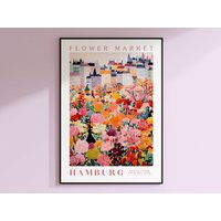 Blumenmarkt Hamburg Druck, Deutschland Reise Kunst, Rosa Und Rote Einzigartige Wandkunst, Trendige Blumen Illustration von EnchantedSights