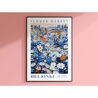 Gelber Blumenmarkt Poster, Gelbe Karte, Margerite Blaue Margerite, Blumen Wanddekor, Stadt Skyline, Finnland Reise Kunst von EnchantedSights
