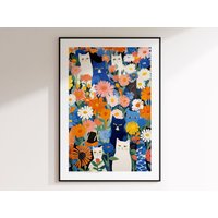 Katze Im Garten, Blumen Und Katzen, Blaue Wandkunst, Blumenkunstdruck, Katzenkunstdruck, Katzenillustration, Florale Wanddekoration, Geschenke Für von EnchantedSights